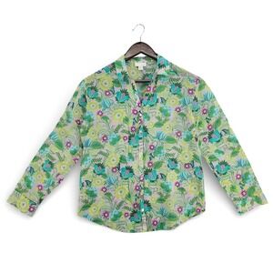 J Jill Womens XS Floral Button Front‎ Blouse Cotton Silk Green Purple